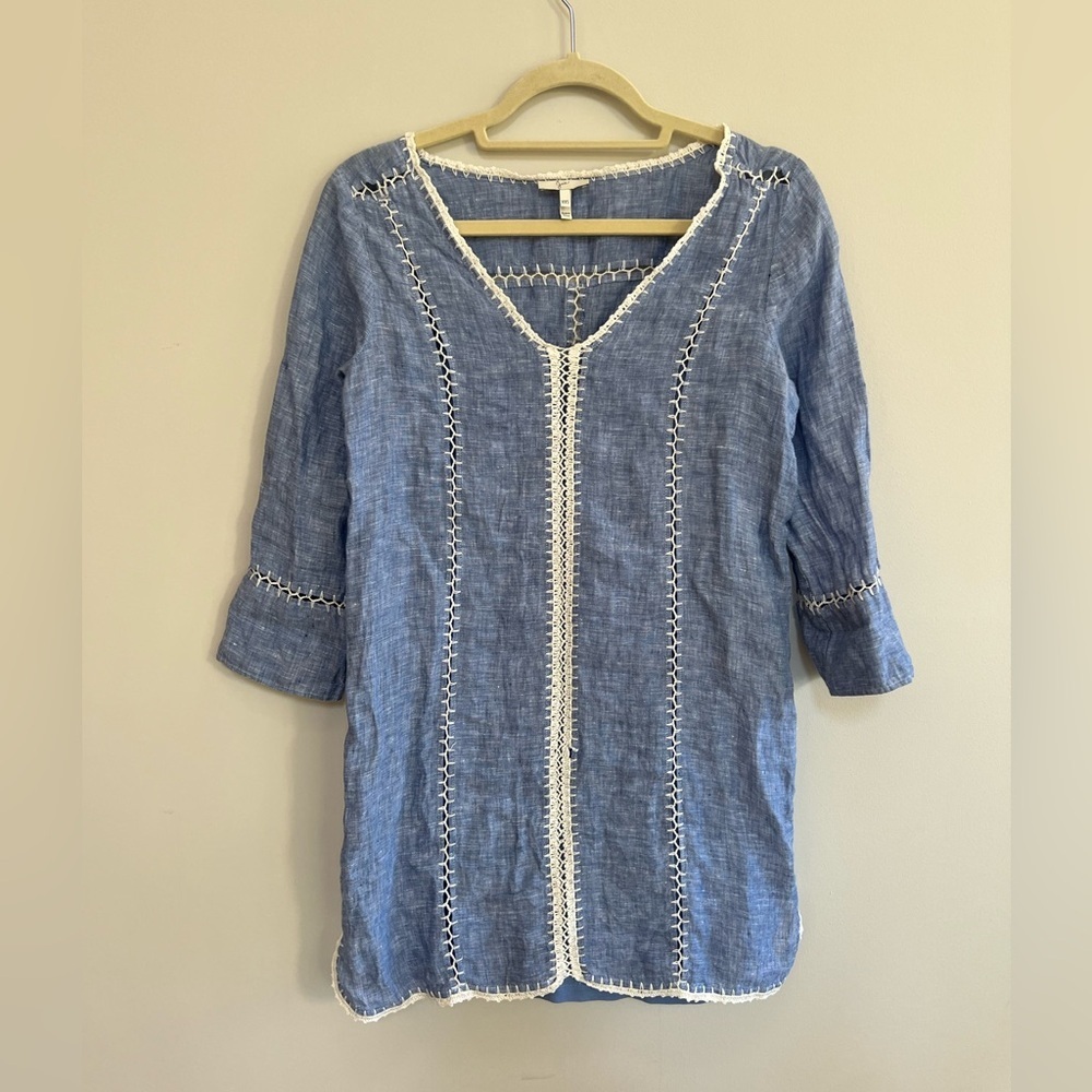 Joie Warby 100% Linen Blue Tunic Dress Cover Up with Embroidery,  XXS - Picture 3 of 11